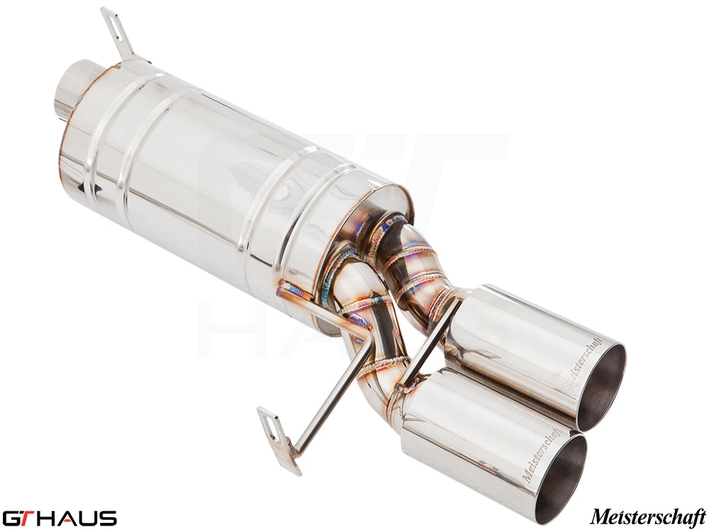 Premium Meisterschaft exhaust system for BMW E36/7, E36/8 Z3M 3.2L, featuring polished stainless steel and dual tips.