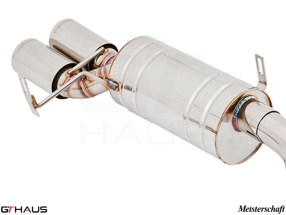 Premium Meisterschaft exhaust system for BMW E36/7, E36/8 Z3M, featuring polished stainless steel and dual tips.
