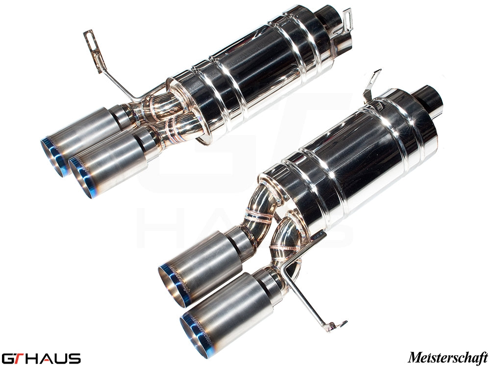 Premium Meisterschaft exhaust system for BMW E36/7, E36/8 Z3M, featuring polished stainless steel and dual tips.