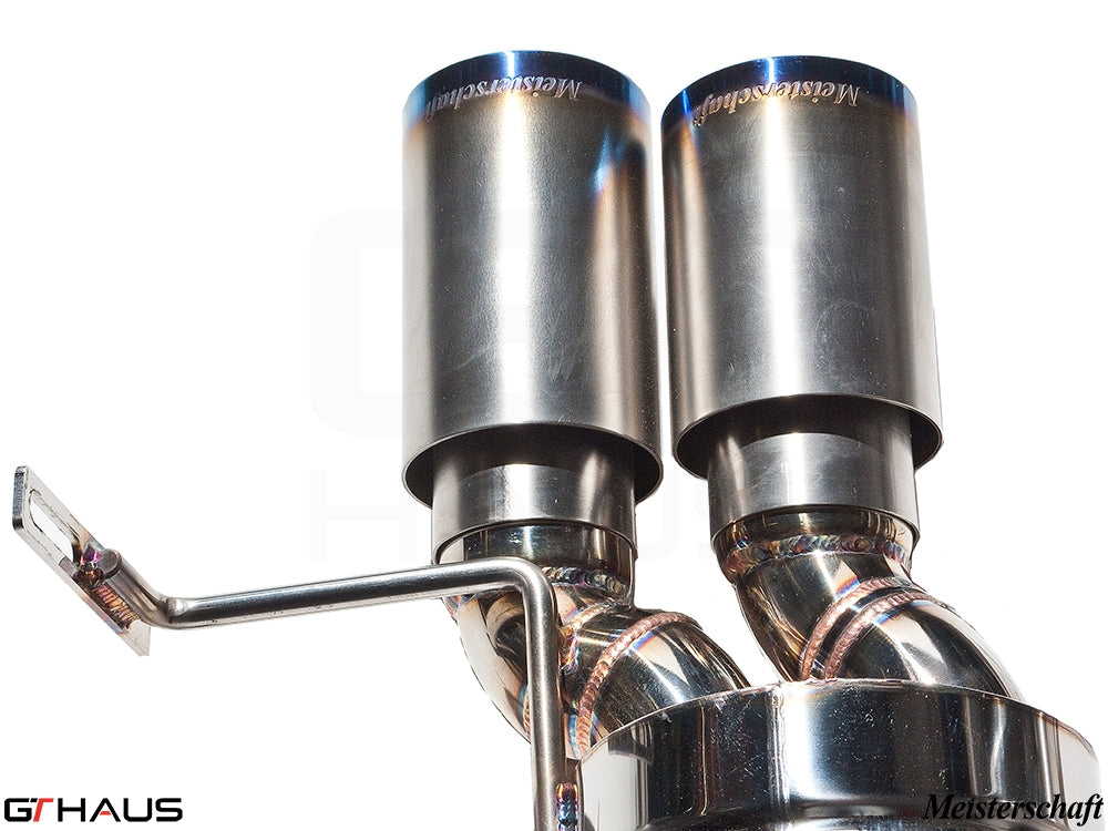 Premium exhaust tips for BMW E36/7, E36/8 Z3M featuring polished stainless steel construction and Meisterschaft branding.