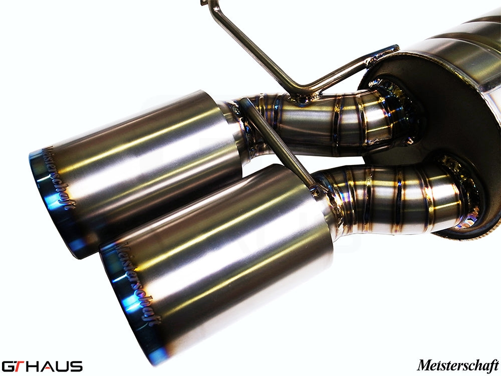 Premium exhaust system for BMW E36/7, E36/8 Z3M featuring polished dual tips and precision welds for enhanced performance.