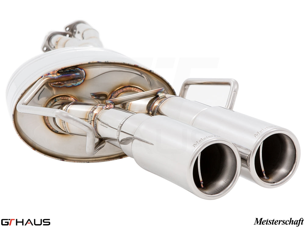 Premium Meisterschaft exhaust system for BMW E36 M3 3.0L/3.2L Coupe/Cabrio, featuring polished stainless steel tips.