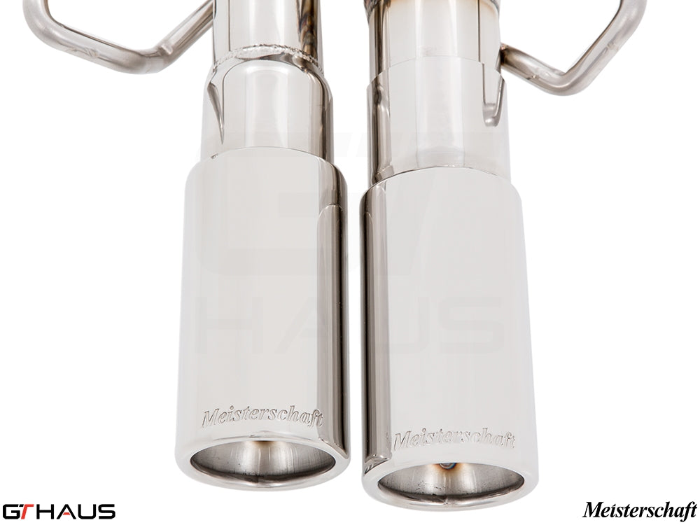 Premium Meisterschaft exhaust tips for BMW E36 M3 3.0L/3.2L Coupe/Cabrio, showcasing polished stainless steel finish.
