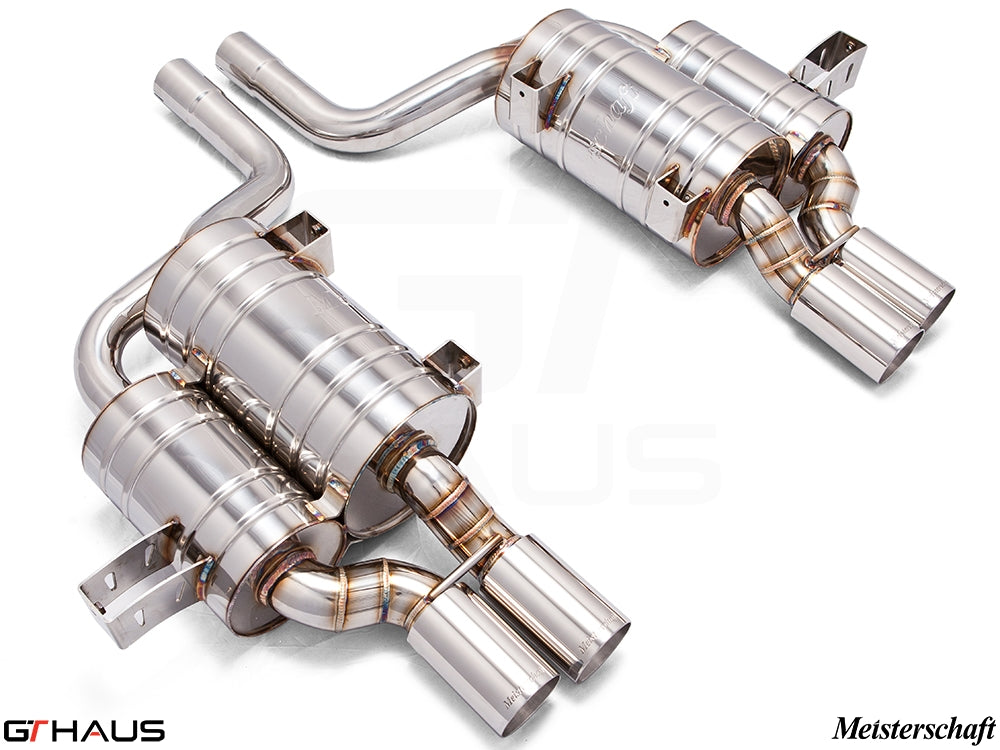 Premium exhaust system for BMW E39 M5 V8 Sport Sedan, featuring stainless steel construction and dual tips.