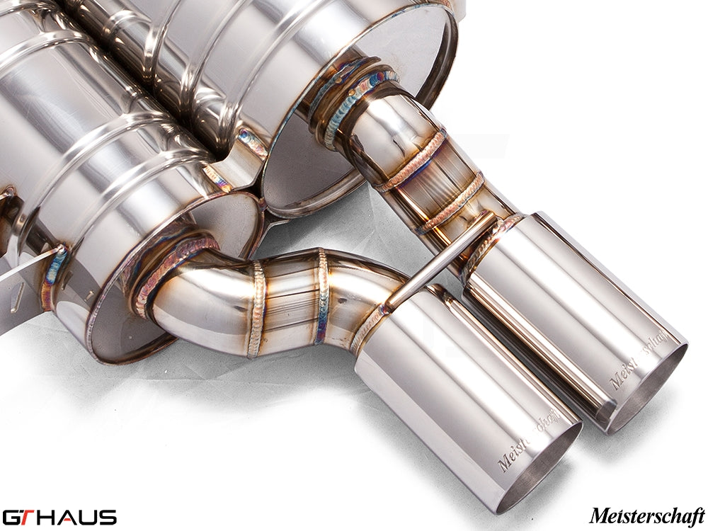 Premium Meisterschaft exhaust system for BMW E39 M5 V8, featuring polished stainless steel tips and precision welding.