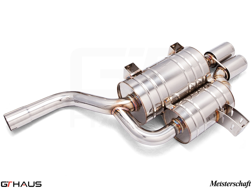 Premium Meisterschaft exhaust system for BMW E39 M5 V8 Sport Sedan, featuring polished stainless steel construction.