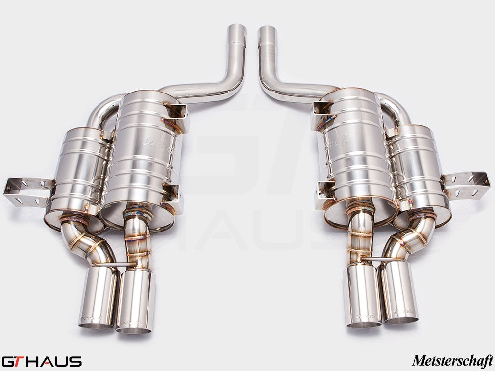 Premium exhaust system for BMW E39 M5 V8 Sport Sedan, featuring stainless steel construction and dual tips.