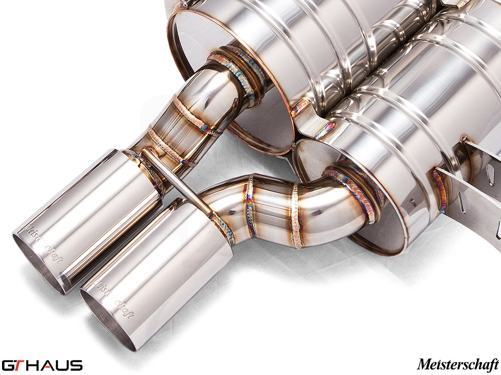 Premium stainless steel exhaust system for BMW E39 M5 V8, showcasing dual tips and precision craftsmanship.