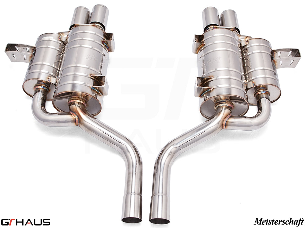 Premium exhaust system for BMW E39 M5 V8 Sport Sedan, featuring stainless steel construction and dual outlet design.