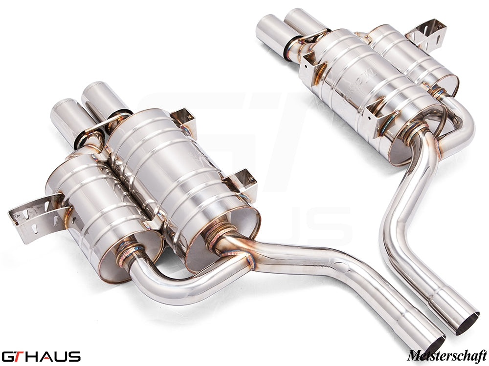 Premium exhaust system for BMW E39 M5 V8 Sport Sedan, featuring stainless steel construction and dual tips.