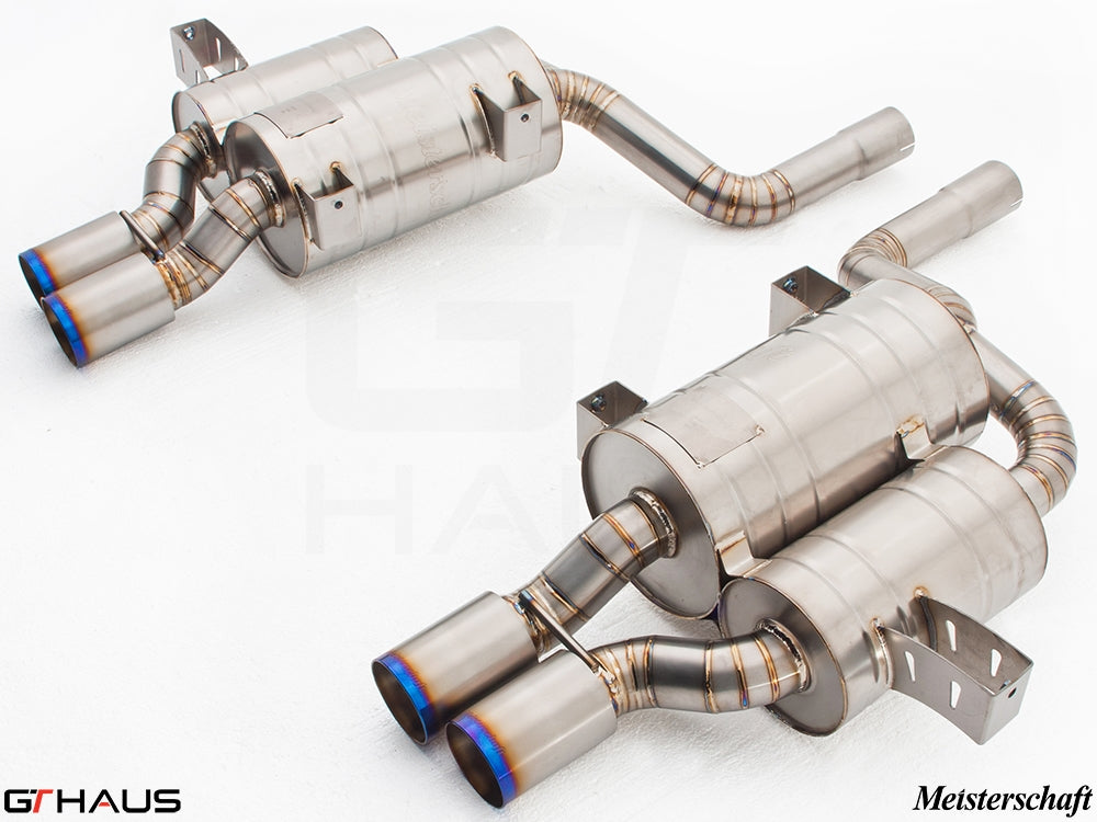 Premium exhaust system for BMW E39 M5 V8 Sport Sedan, featuring stainless steel construction and dual tips.