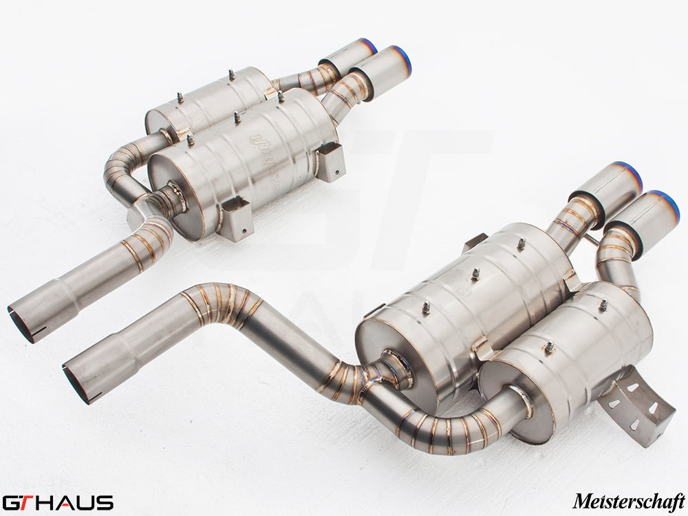 Premium Meisterschaft exhaust system for BMW E39 M5 V8, featuring stainless steel construction and dual tips.