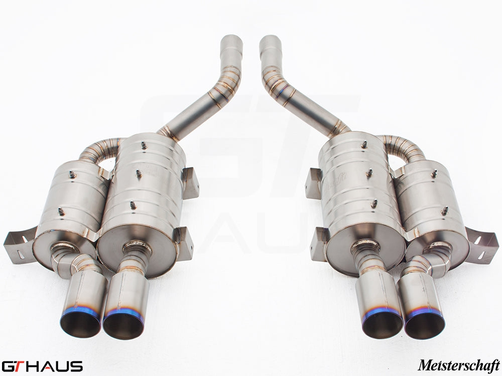 Premium Meisterschaft exhaust system for BMW E39 M5 V8 Sport Sedan, featuring stainless steel construction and dual tips.