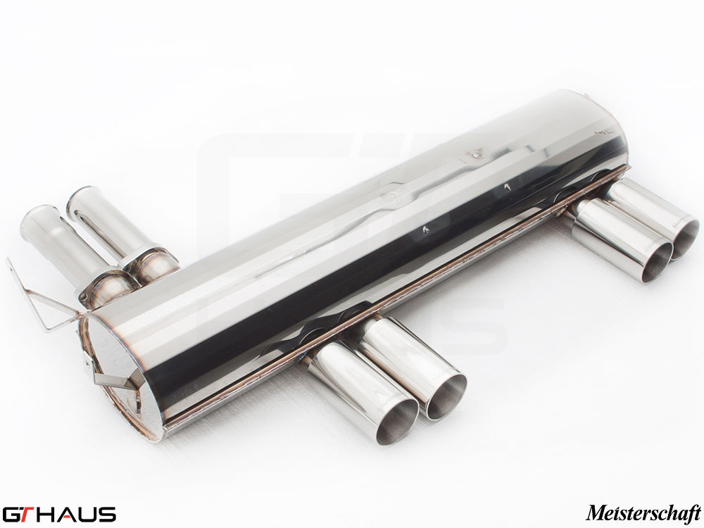 Premium performance exhaust system for BMW E46 M3 3.2L, featuring a sleek stainless steel design and quad tips.