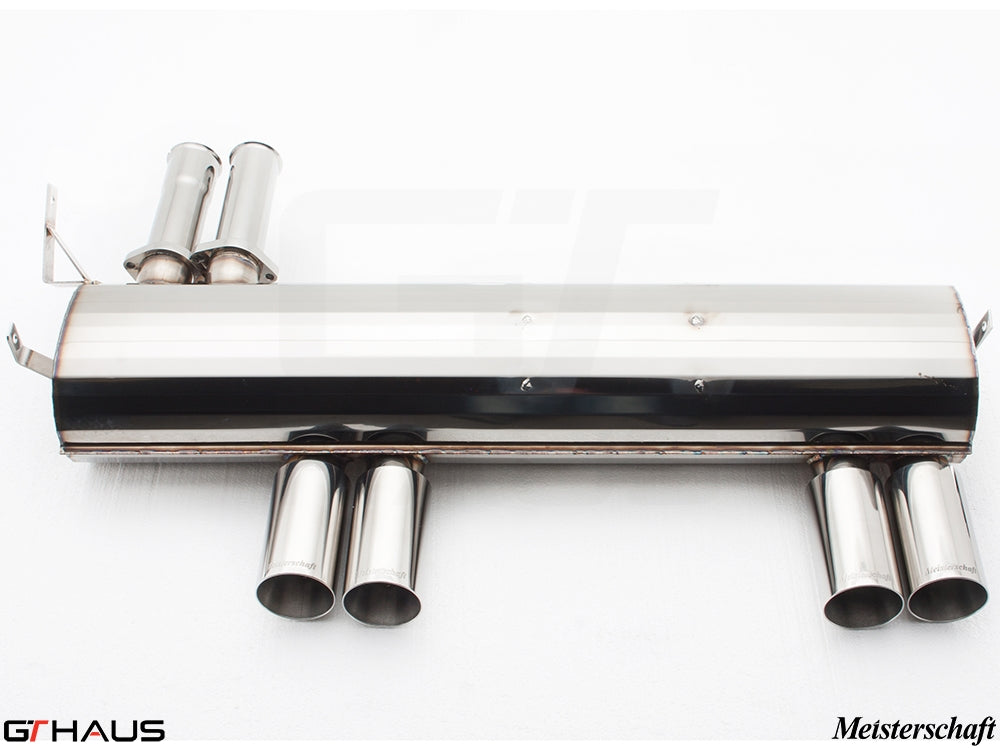 Premium Meisterschaft exhaust system for BMW E46 M3 3.2L featuring polished stainless steel and quad tips.