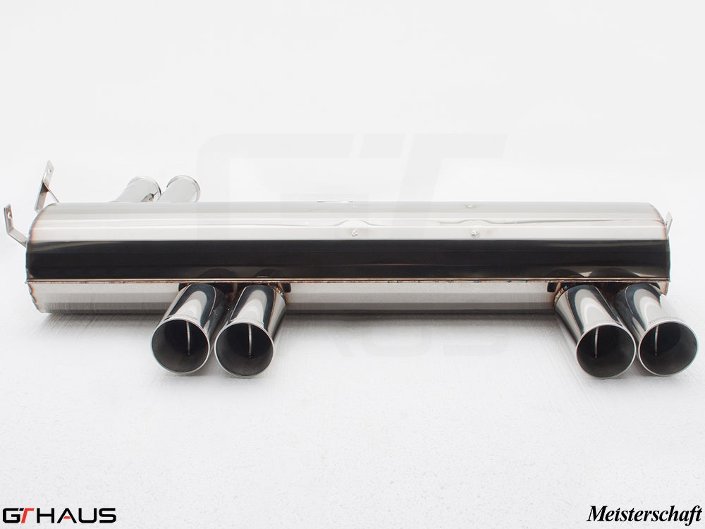 Premium Meisterschaft exhaust system for BMW E46 M3 3.2L, featuring polished stainless steel and quad tips.