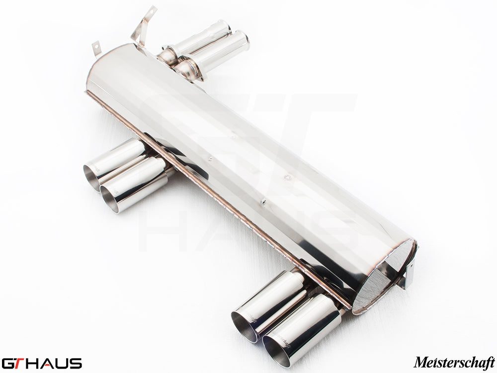 Premium stainless steel exhaust system for BMW E46 M3 3.2L, featuring quad tips and Meisterschaft branding.