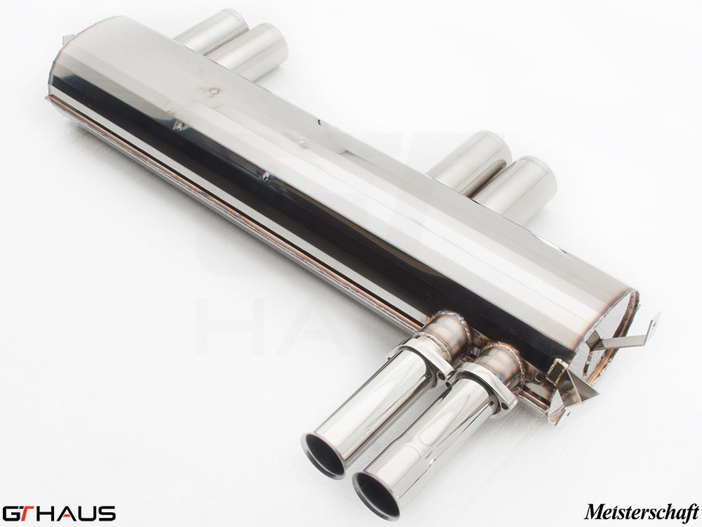 Premium stainless steel exhaust system for BMW E46 M3 3.2L, featuring quad tips and Meisterschaft branding.