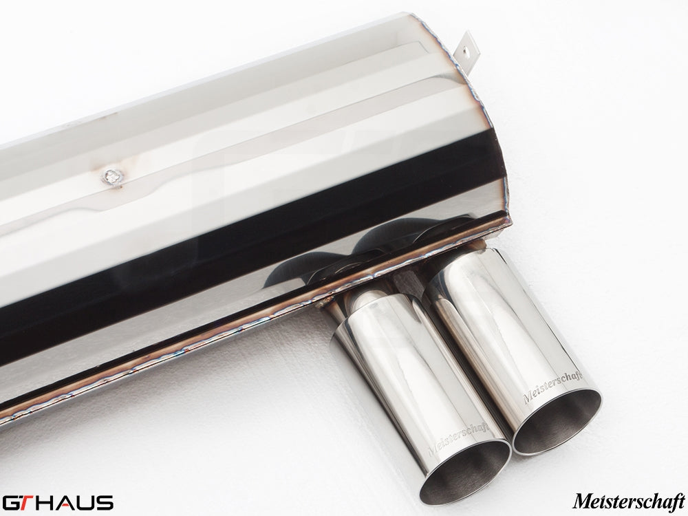Premium Meisterschaft exhaust system for BMW E46 M3 3.2L, featuring polished stainless steel tips and sleek design.