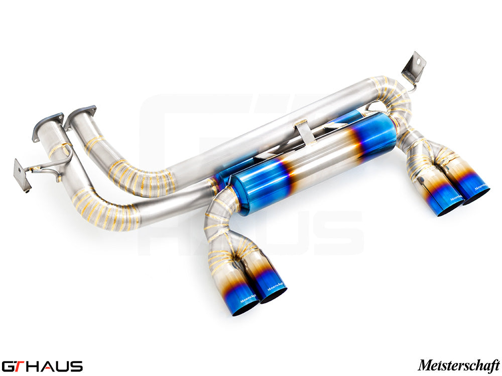 Premium exhaust system for BMW E46 M3 3.2L, featuring stainless steel construction and vibrant blue-tipped outlets.
