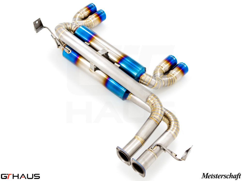 Premium performance exhaust system for BMW E46 M3 3.2L, featuring stainless steel construction and blue-tipped tips.