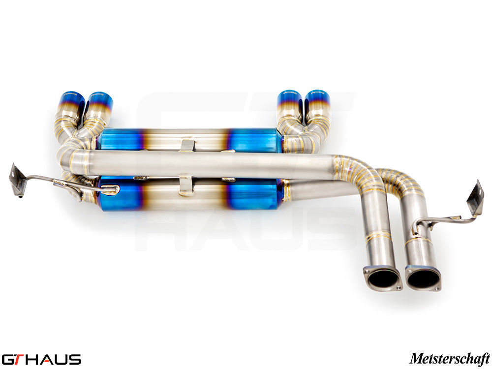 Premium performance exhaust system for BMW E46 M3 3.2L, featuring stainless steel construction and vibrant blue tips.