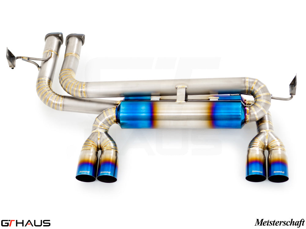 Premium Meisterschaft exhaust system for BMW E46 M3 3.2L, featuring stainless steel construction and quad tips.