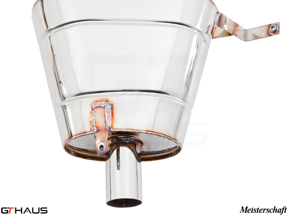 Premium stainless steel exhaust tip for BMW E52 Z8 V8 Roadster, featuring Meisterschaft branding and polished finish.