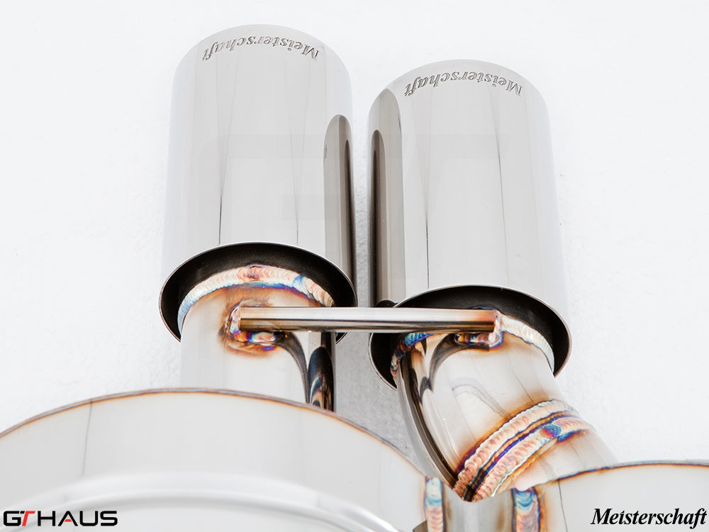 Premium Meisterschaft exhaust tips for BMW E60/61 5 Series, showcasing polished stainless steel design and craftsmanship.