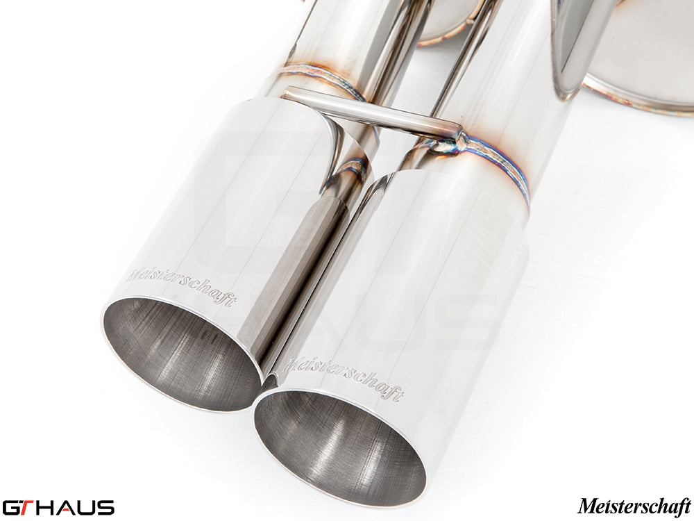 Premium Meisterschaft exhaust tips for BMW E60/61 5 Series 535i/xi, showcasing polished stainless steel finish.