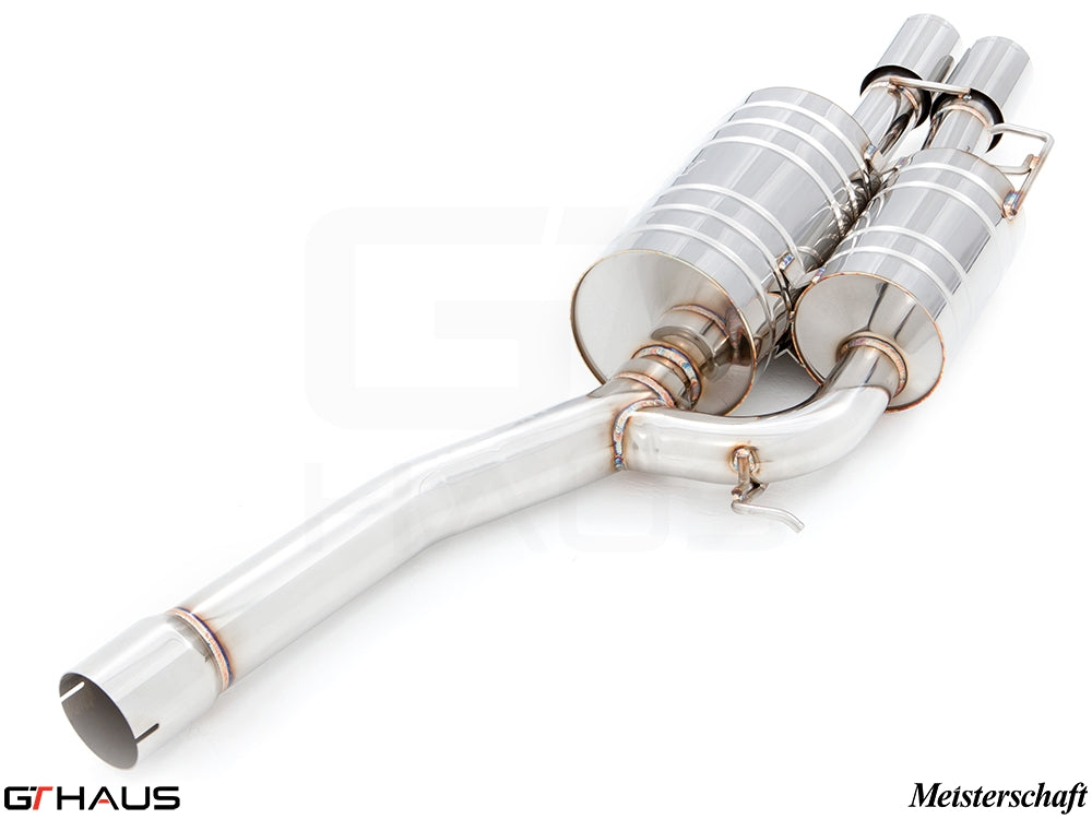 Premium performance exhaust system for BMW E60/61 545i, featuring stainless steel construction and Meisterschaft branding.