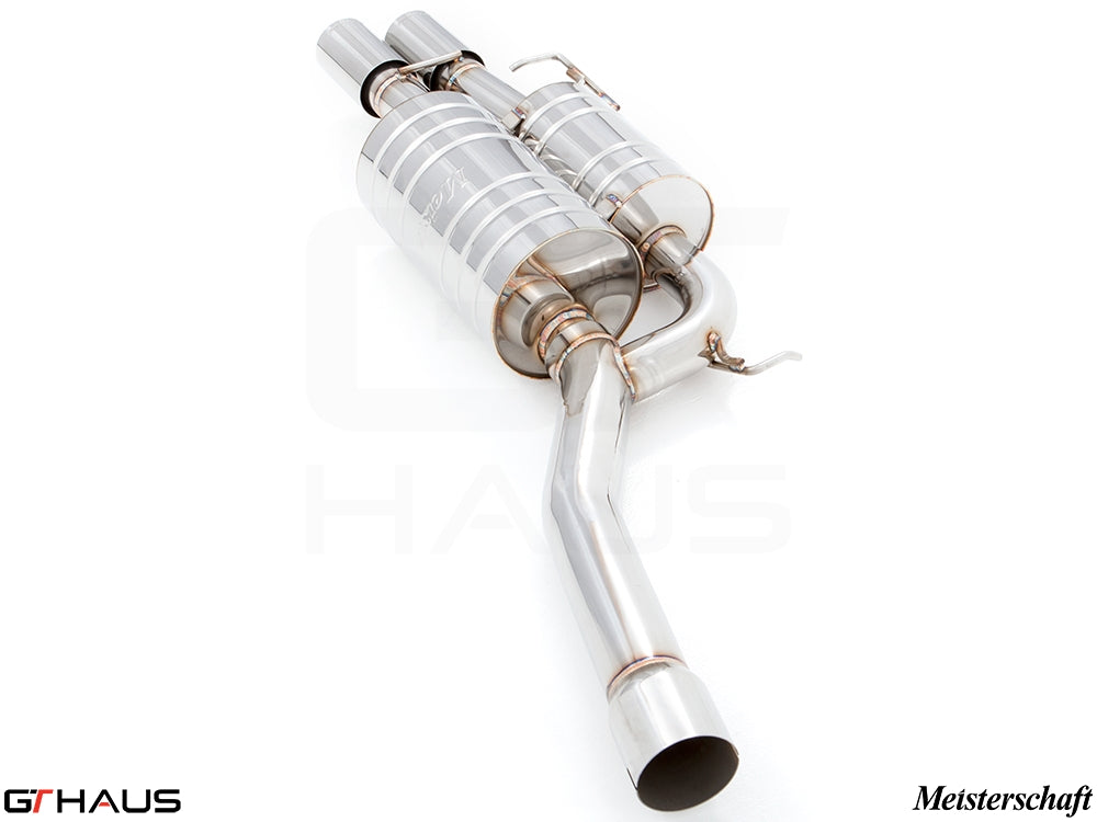 Premium stainless steel exhaust system for BMW E60/61 545i, enhancing performance and sound. Meisterschaft brand quality.