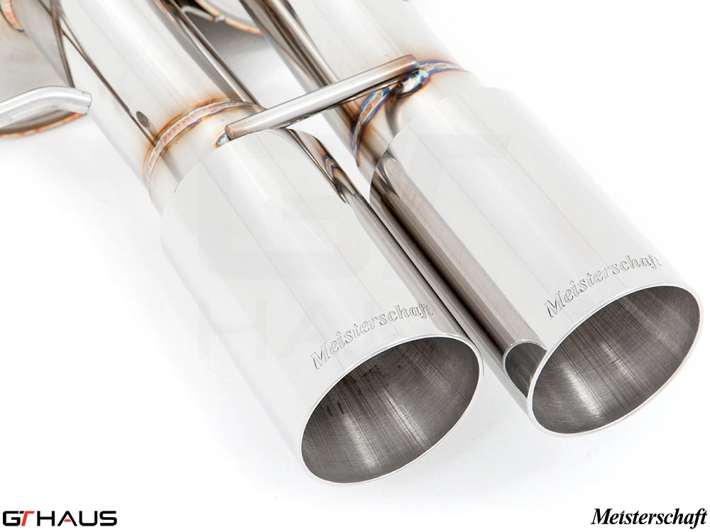Premium Meisterschaft exhaust tips for BMW E60/61 545i, showcasing polished stainless steel finish and precise craftsmanship.