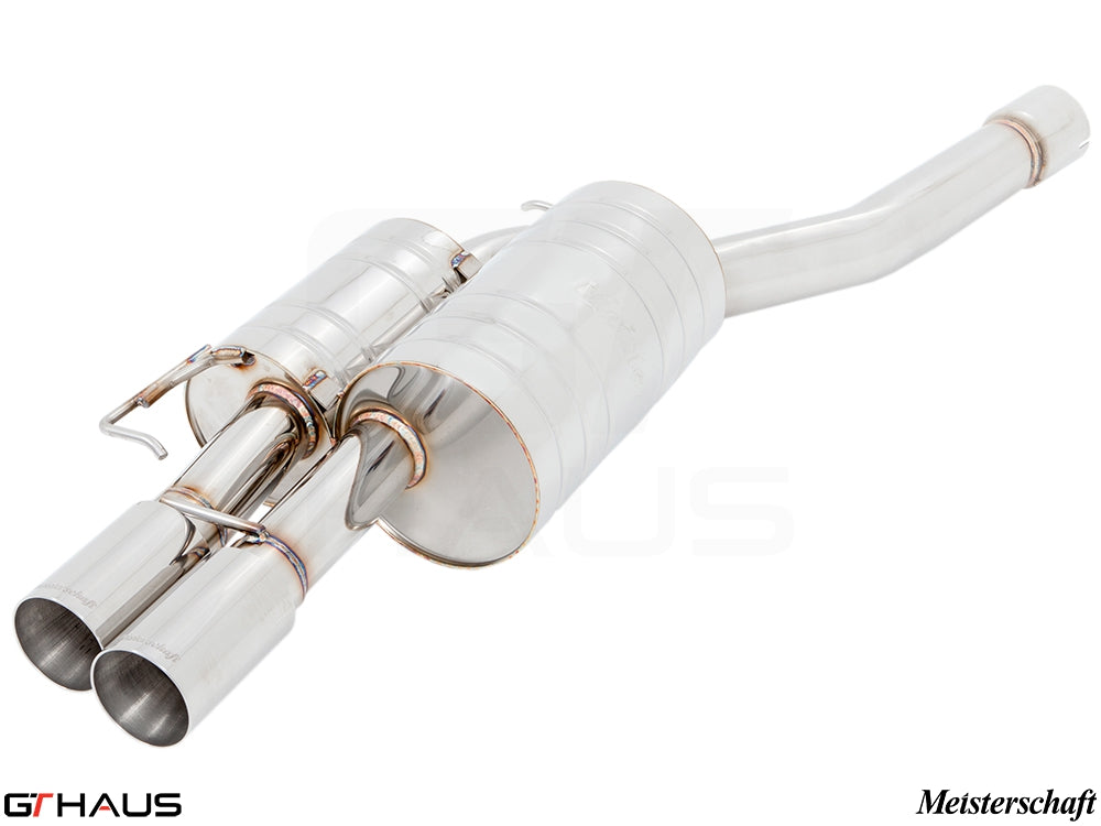 Premium stainless steel exhaust system for BMW E60/61 550i, featuring dual tips and Meisterschaft branding.