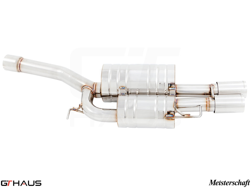 Premium Meisterschaft exhaust system for BMW E60/61 550i, featuring stainless steel construction and dual tips.