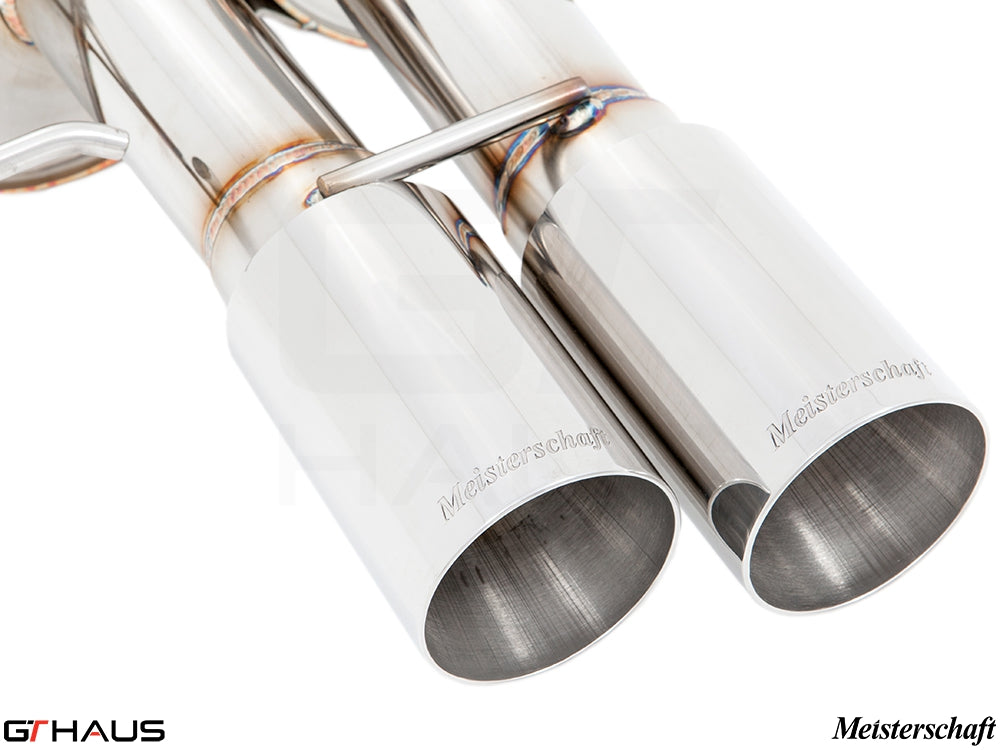 Premium Meisterschaft exhaust tips for BMW E60/61 550i, showcasing polished stainless steel finish and precision engineering.