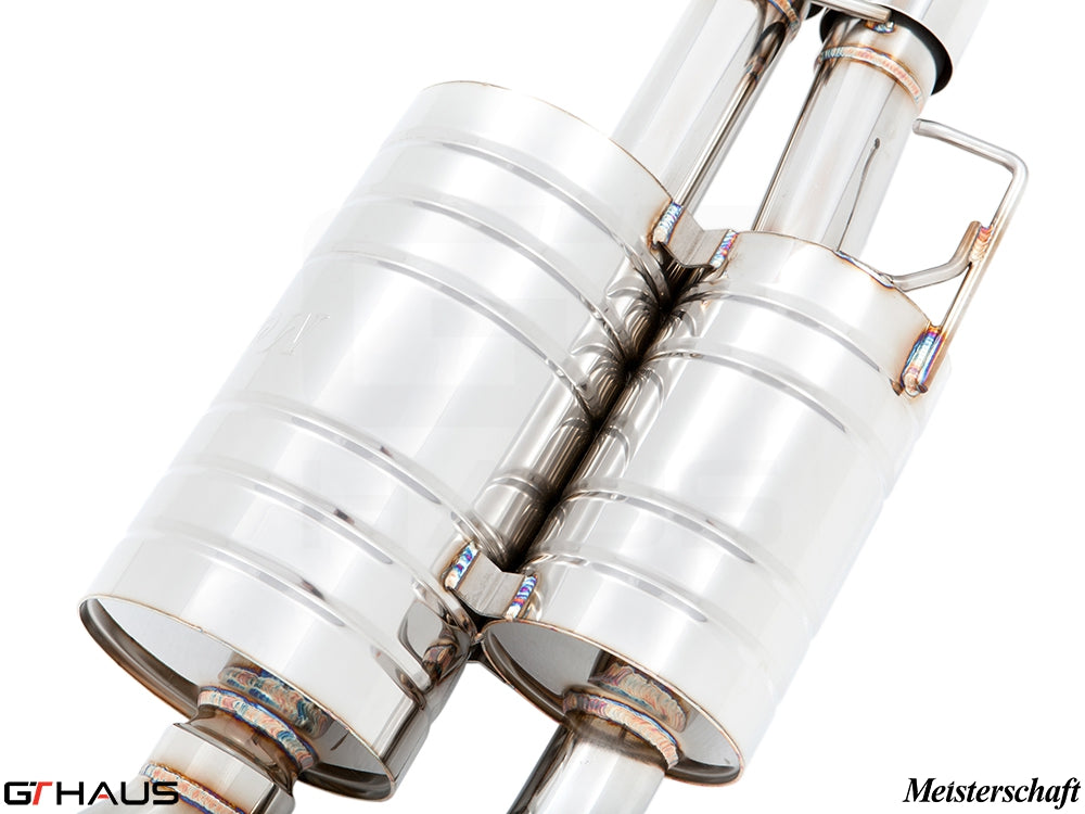 Premium exhaust system for BMW E60/61 5 Series 550i, featuring polished stainless steel construction and precision welding.