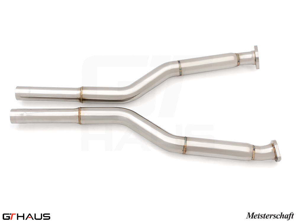 Premium stainless steel straight pipes for BMW E60 M5, designed to replace second cats for enhanced performance.