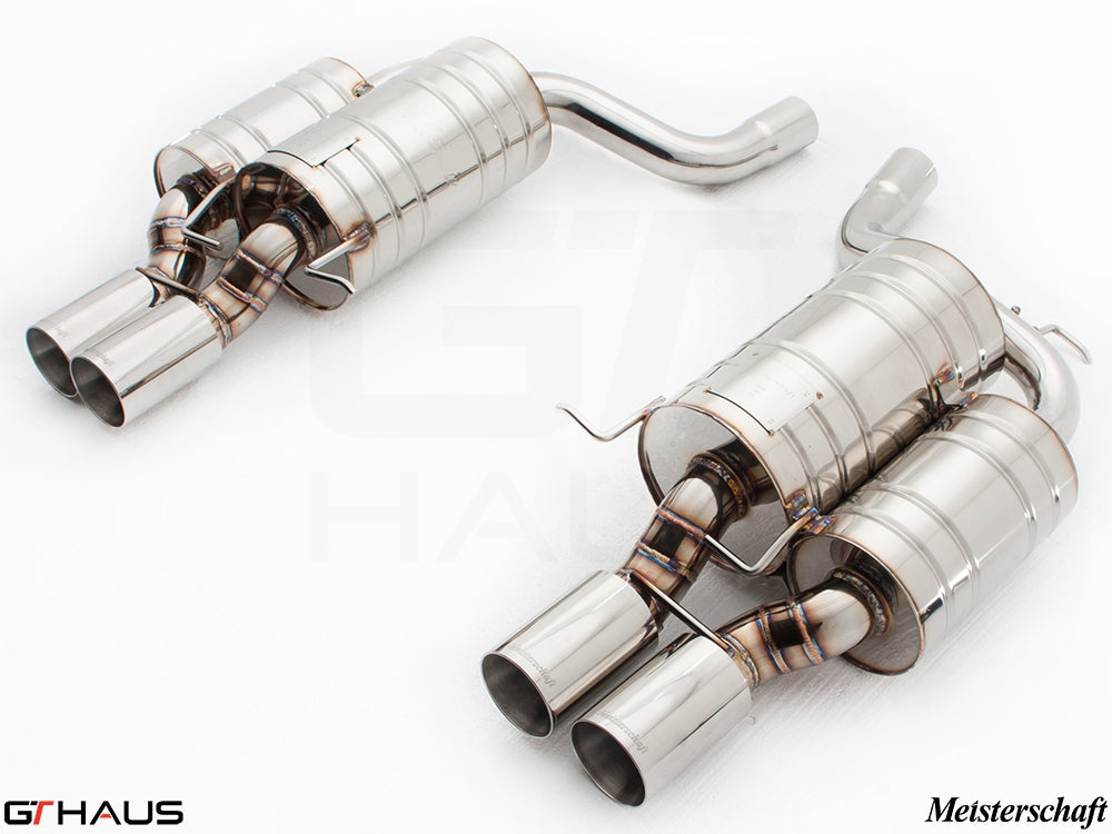 Premium Meisterschaft exhaust system for BMW E60 M5 Sedan V10, featuring stainless steel construction and dual tips.