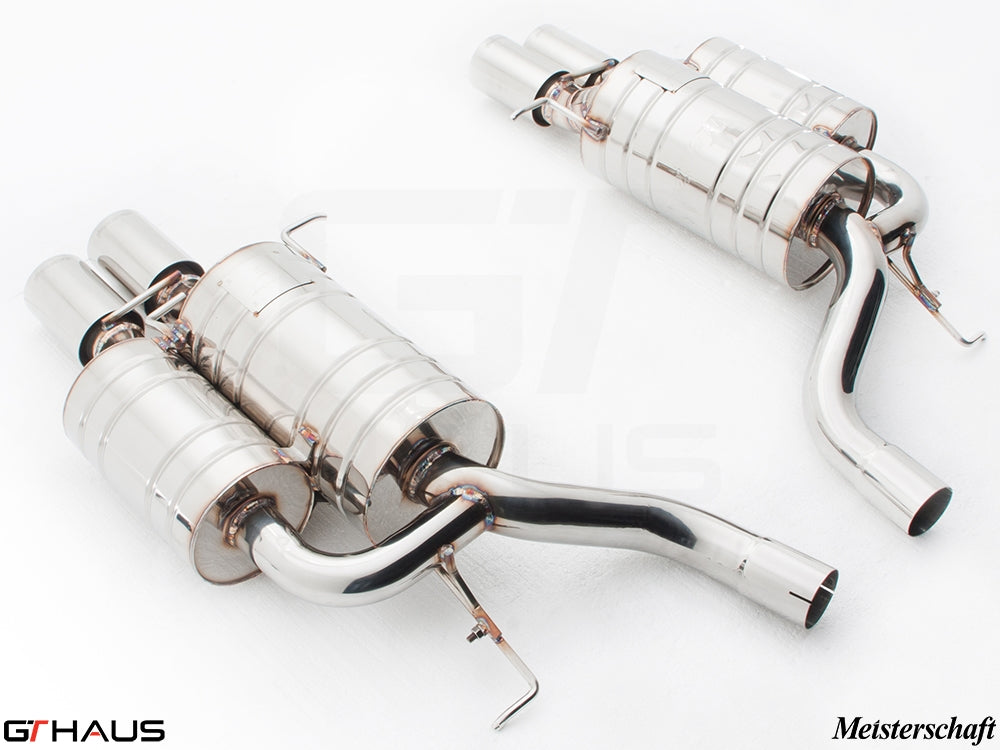 Premium Meisterschaft exhaust system for BMW E60 M5 Sedan V10, featuring polished stainless steel construction and dual tips.