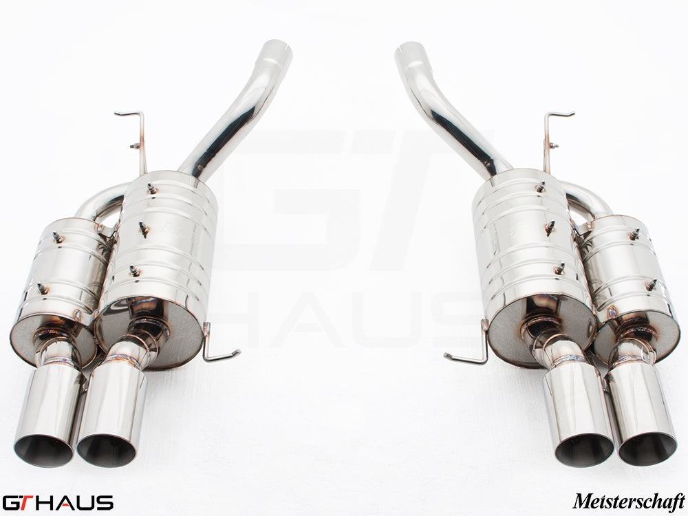 Premium Meisterschaft exhaust system for BMW E60 M5 Sedan V10, featuring polished stainless steel construction and dual tips.