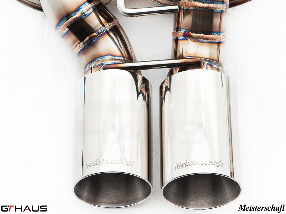 Premium Meisterschaft exhaust tips for BMW E60 M5 Sedan V10, showcasing polished stainless steel craftsmanship.