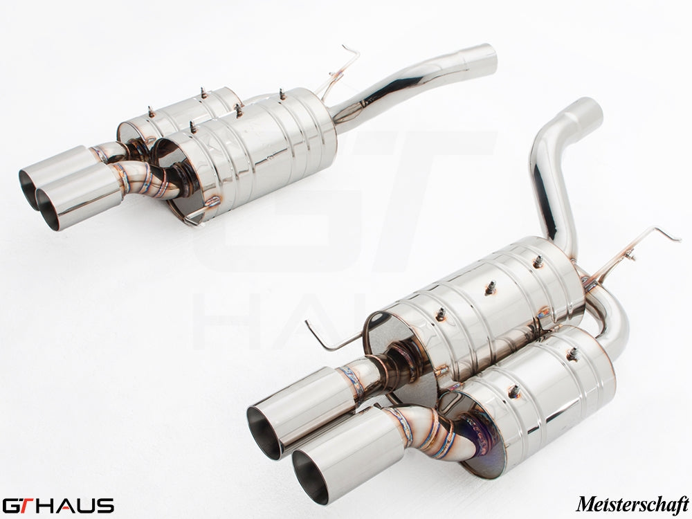 Premium Meisterschaft exhaust system for BMW E60 M5 Sedan V10, featuring polished stainless steel and dual tips.