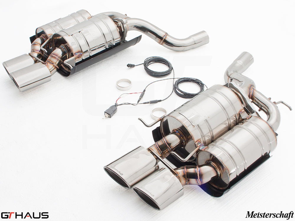 Premium Meisterschaft exhaust system for BMW E60 M5 Sedan V10, featuring stainless steel construction and electronic valve control.