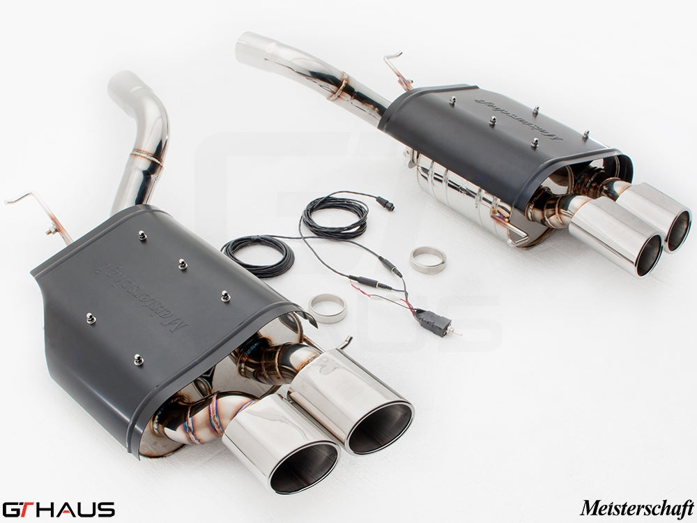 Premium Meisterschaft exhaust system for BMW E60 M5 Sedan V10, featuring dual polished tips and electronic valve control.