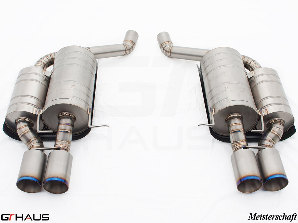 Premium exhaust system for BMW E60 M5 Sedan V10, featuring stainless steel construction and dual tips.