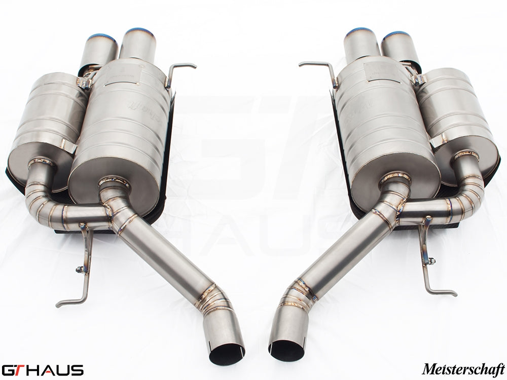 Premium performance exhaust system for BMW E60 M5 Sedan V10, featuring stainless steel construction and dual outlets.