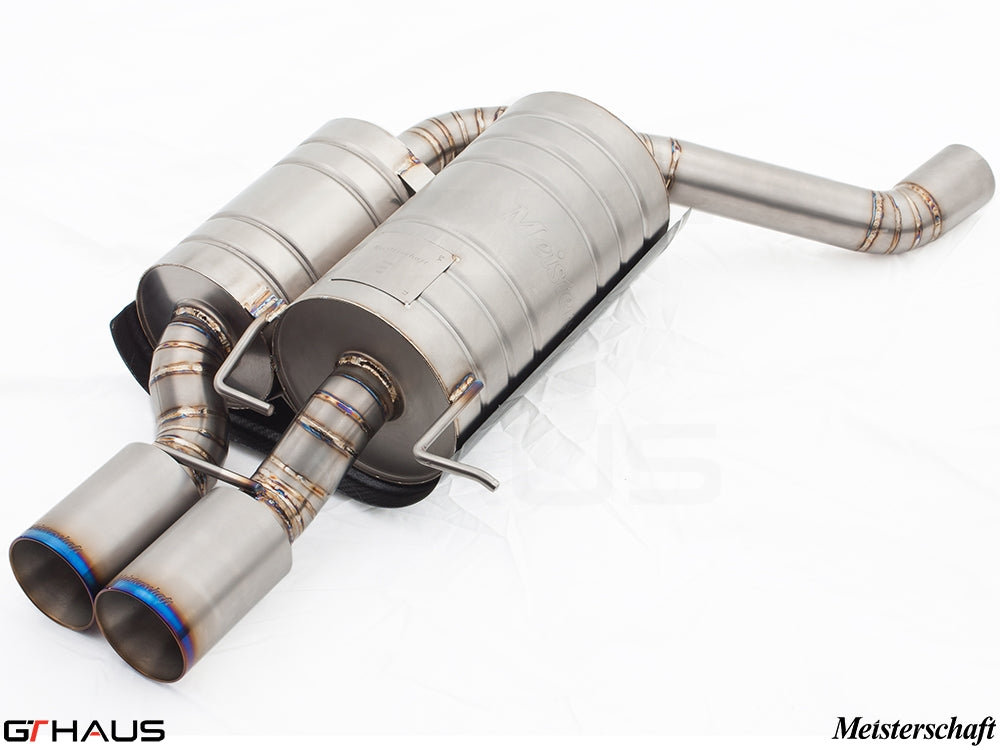 Premium Meisterschaft exhaust system for BMW E60 M5 Sedan V10, featuring stainless steel construction and dual tips.
