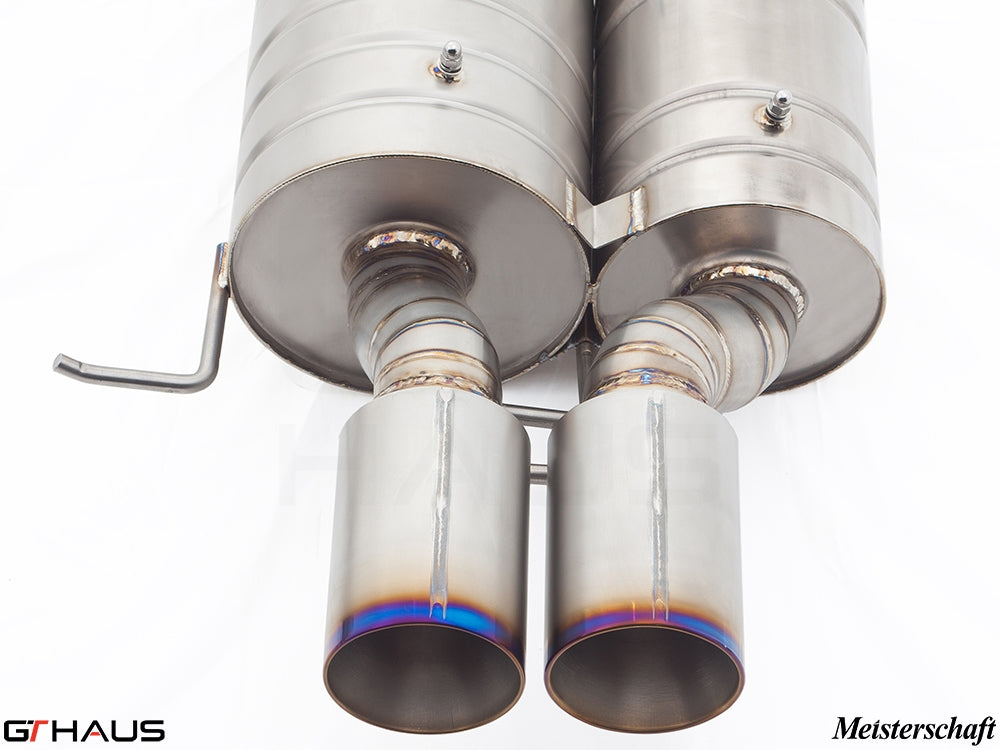 Premium exhaust system for BMW E60 M5 Sedan V10, featuring stainless steel construction and dual tips.