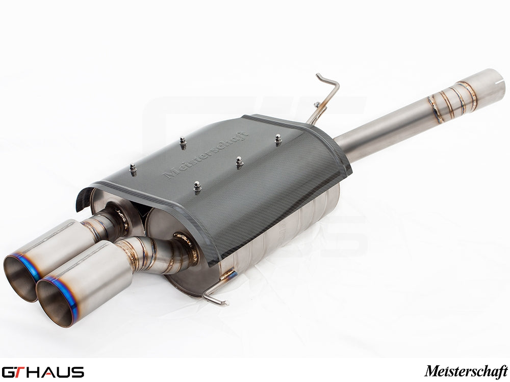 Premium Meisterschaft exhaust system for BMW E60 M5 Sedan V10, featuring dual tips and carbon fiber accents.